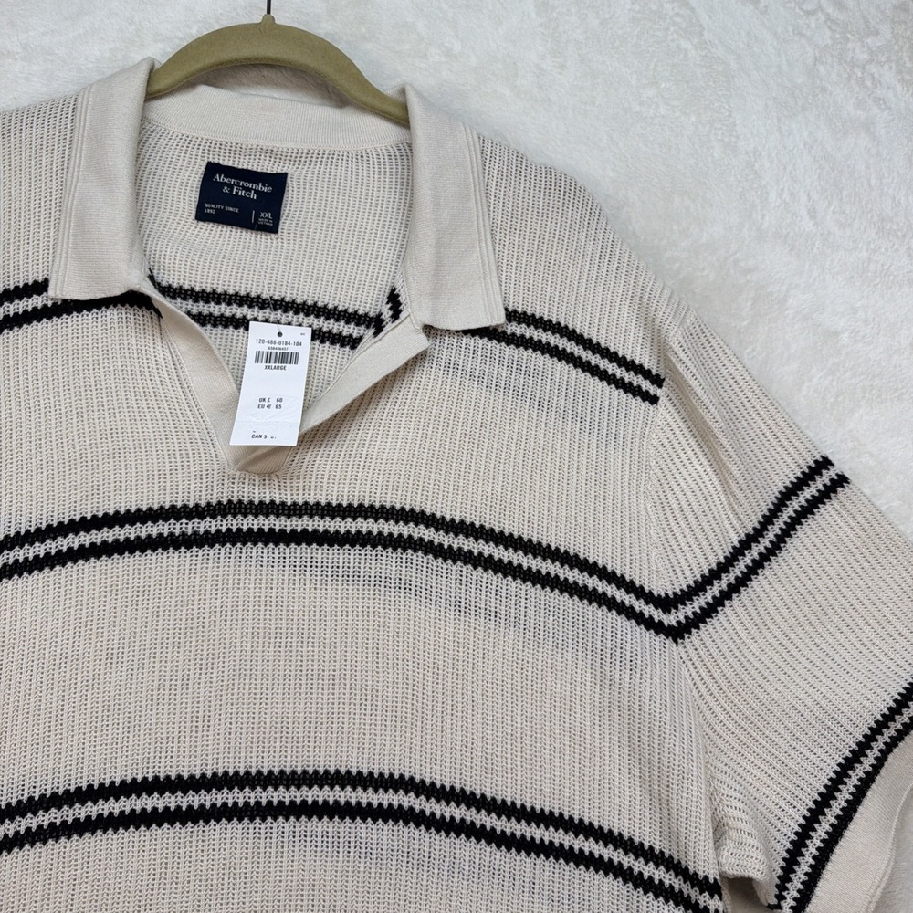 Abercrombie & Fitch Knit Polo Shirt Mens XXL Cream Black‎ Striped Resort NWT